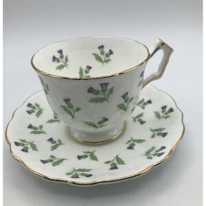 Aynsley Cup & Saucer Fine Bone China Footed w Purple Flowers‎ Gold Trim